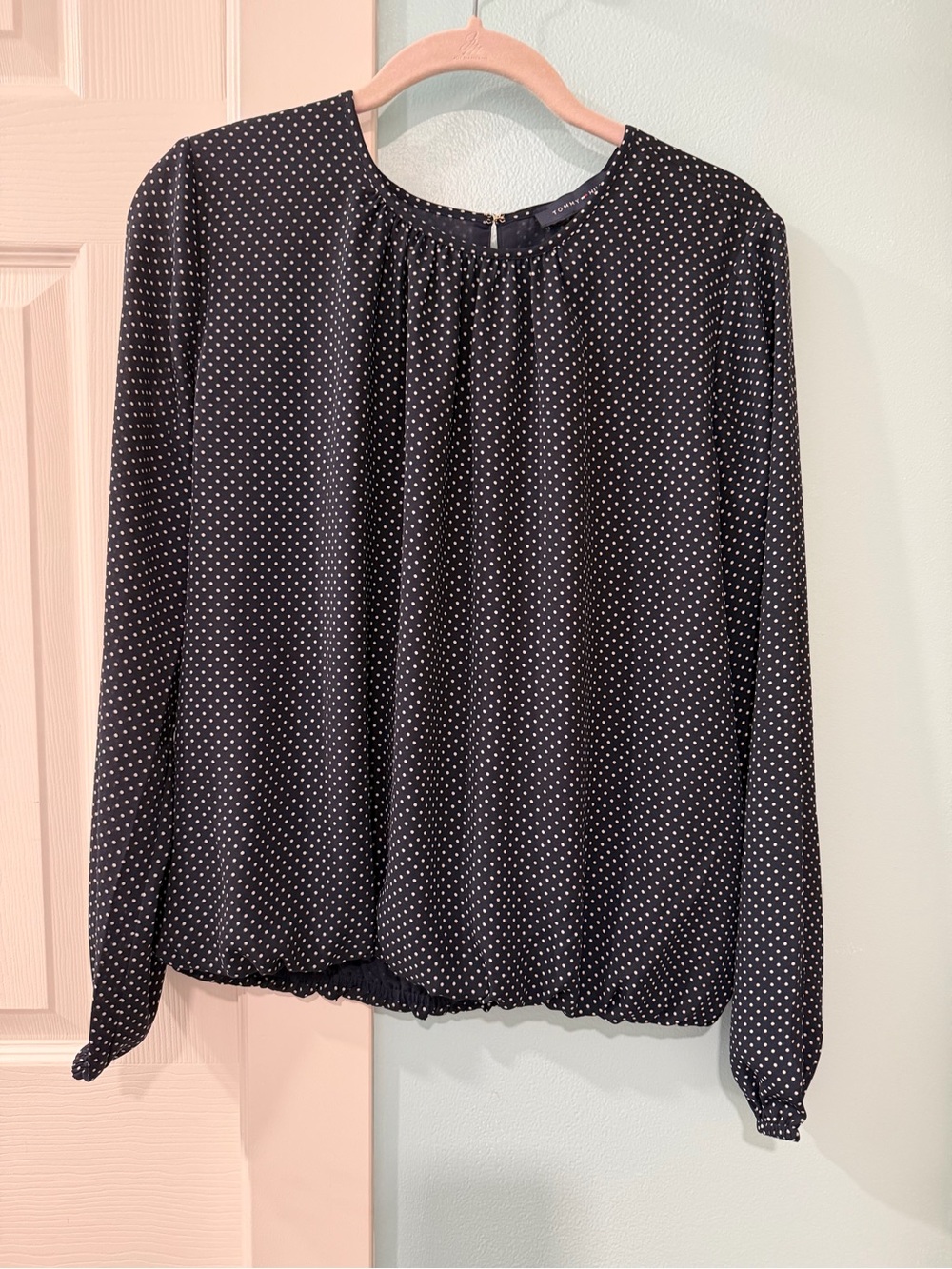 NWT Tommy Hilfiger Top Small Women's Navy Blue Polka Dot Lined Blouse Shirt